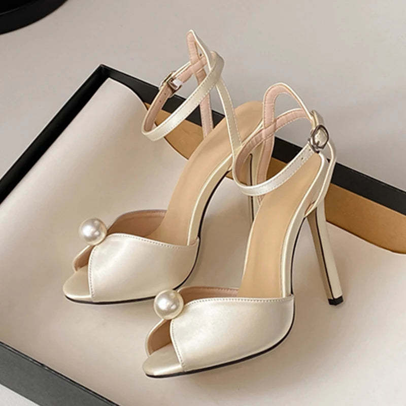 Women's Silk Peep Toe High Heel Sandals | Pearl Ankle Strap High Heel Sandals Axl