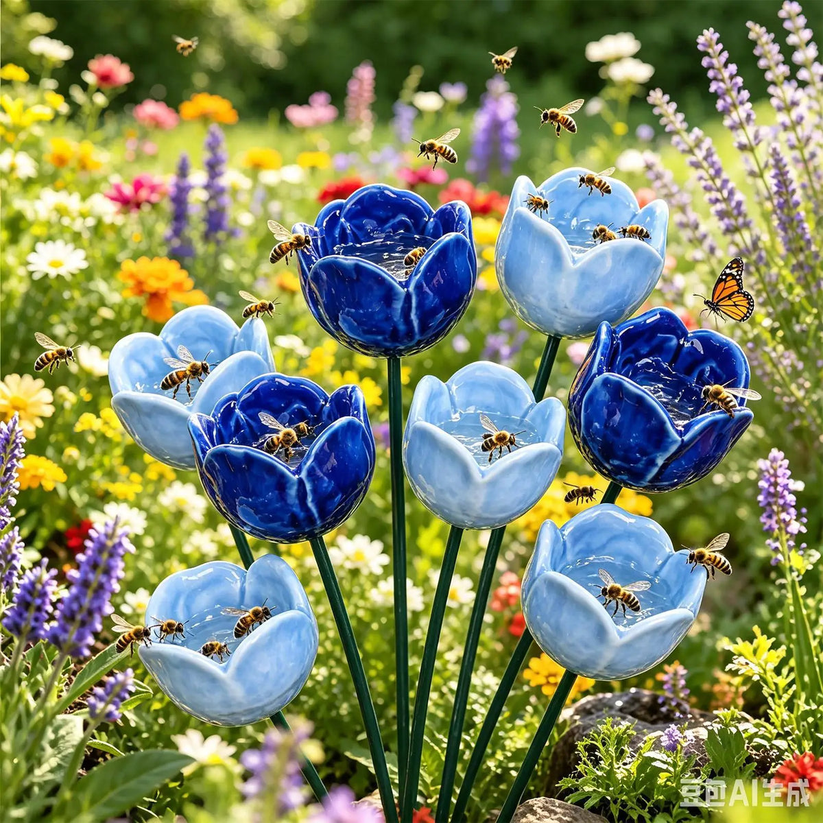Ceramic Bee Watering Station 4-Piece Set | Garden Pollinator Decor Garden Watering Station Axl