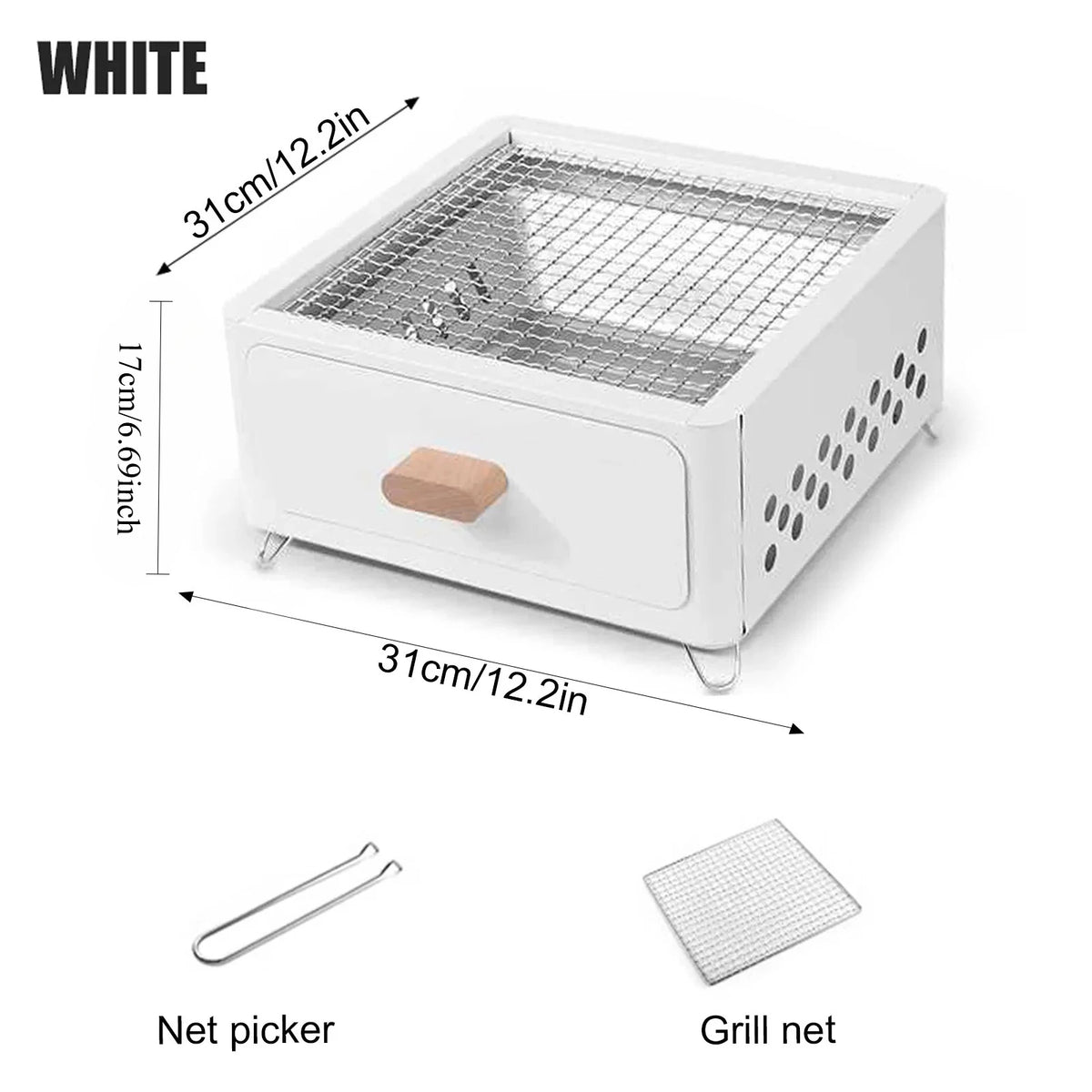Portable Charcoal BBQ Grill – Non-Stick Stainless Steel Brazier Charcoal BBQ Grill Axl WHITE