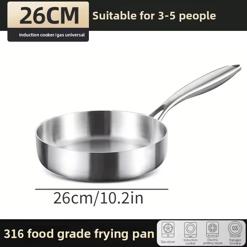 KEMORELA 316 Stainless Steel Uncoated Frying Pan 20–28cm Stainless Steel Frying Pan Axl 26cm