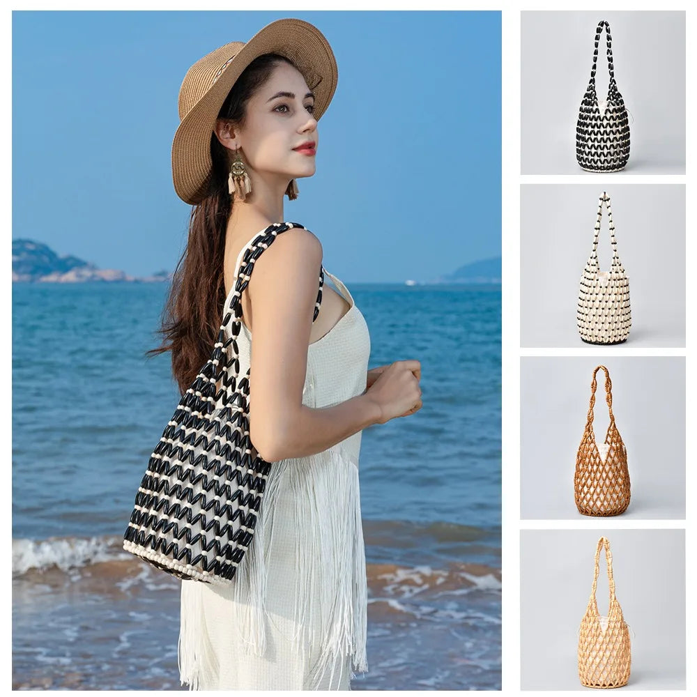 Women's Woven Wooden Bead Tote Bag – Hollow-Out Bucket Shoulder Woven Tote Bag Axl