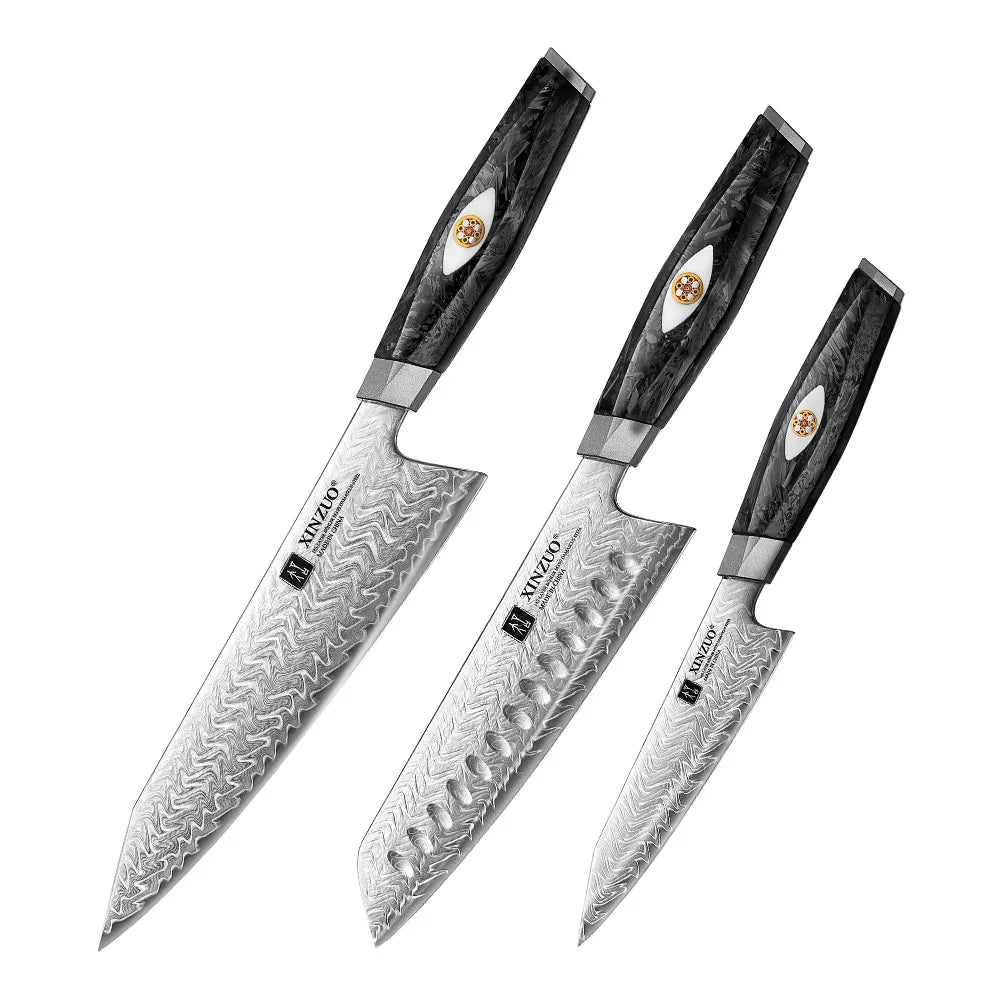 XINZUO Damascus Knife Set 2–7 PC | 145-Layer M390 Steel & Carbon Fiber Damascus Knife Set Axl 3PCS Knife Set