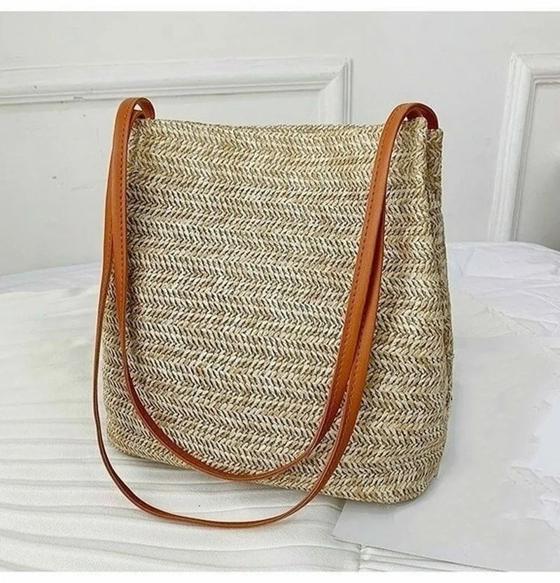 Women's Straw Rattan Woven Beach Bag – Boho Shoulder Tote Woven Straw Handbag Axl