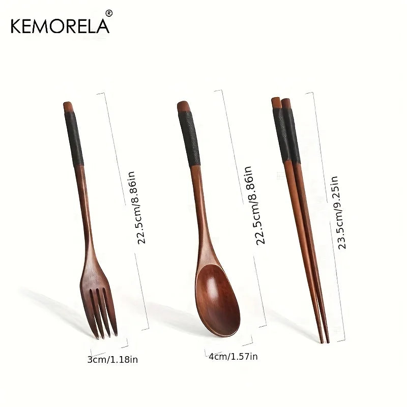 KEMORELA 3-Piece Wooden Chopsticks Fork Spoon Set | Travel Wooden Cutlery Set Axl