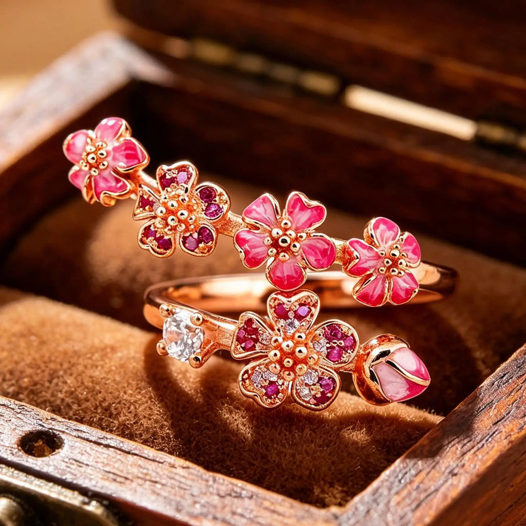 Peach Blossom Crystal Ring – Adjustable Flower Ring for Women Adjustable Flower Ring Axl