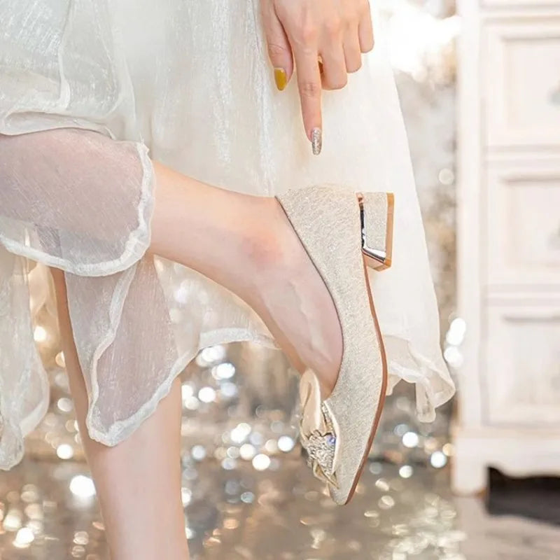 Women's Butterfly Knot Square Heel Pointed Toe Slip-On Shoes Square Heel Pumps Axl