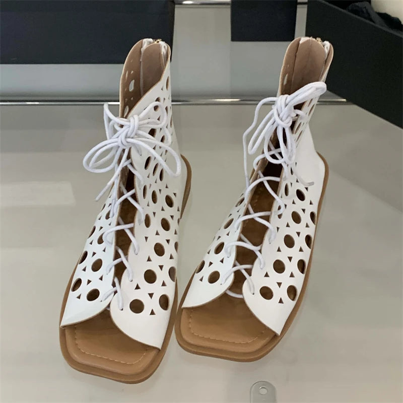 Women's Hollow Out Flat Gladiator Sandal Boots | Peep Toe Zip Gladiator Sandal Boots Axl Black 40