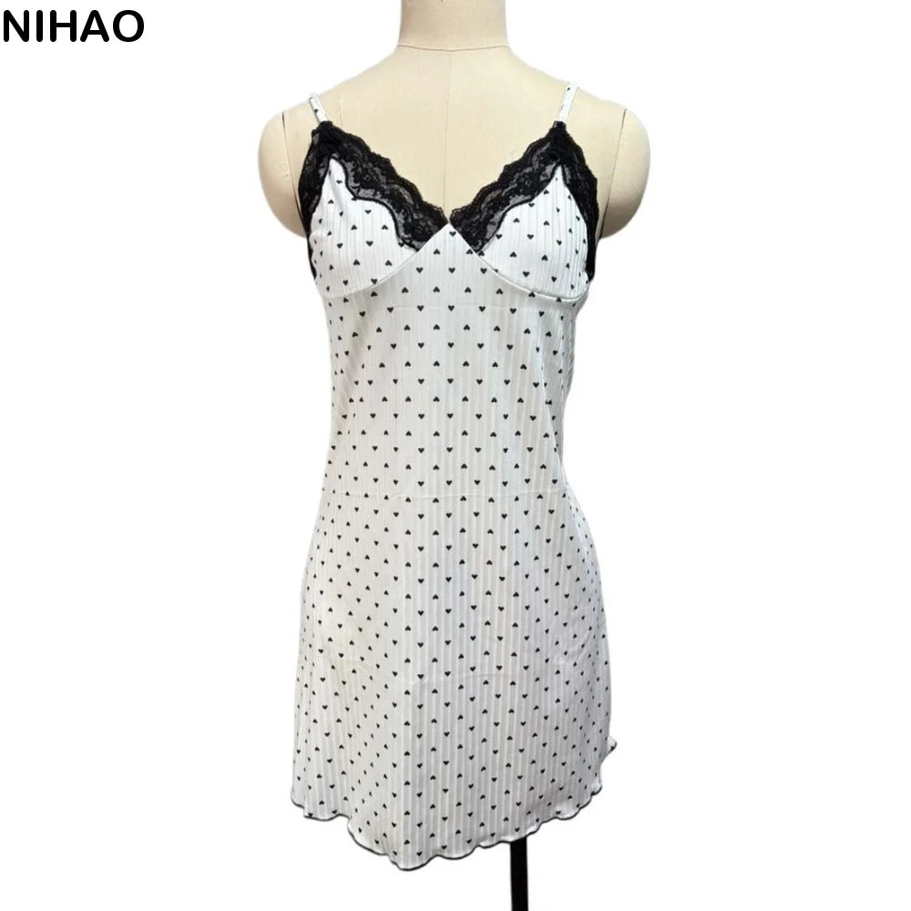 Women's Heart Print Lace Camisole Nightdress | Sleepwear S–XXL Camisole Nightdress Axl