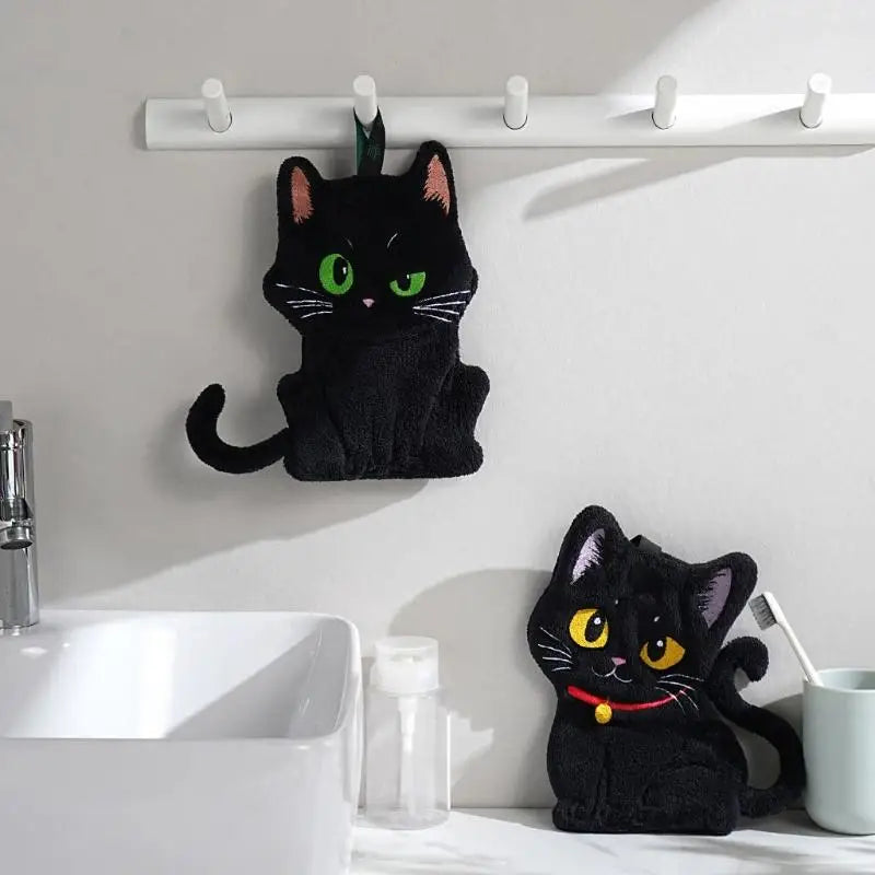 Cartoon Black Cat Hand Towel – Soft Absorbent Coral Fleece Hand Towel Axl