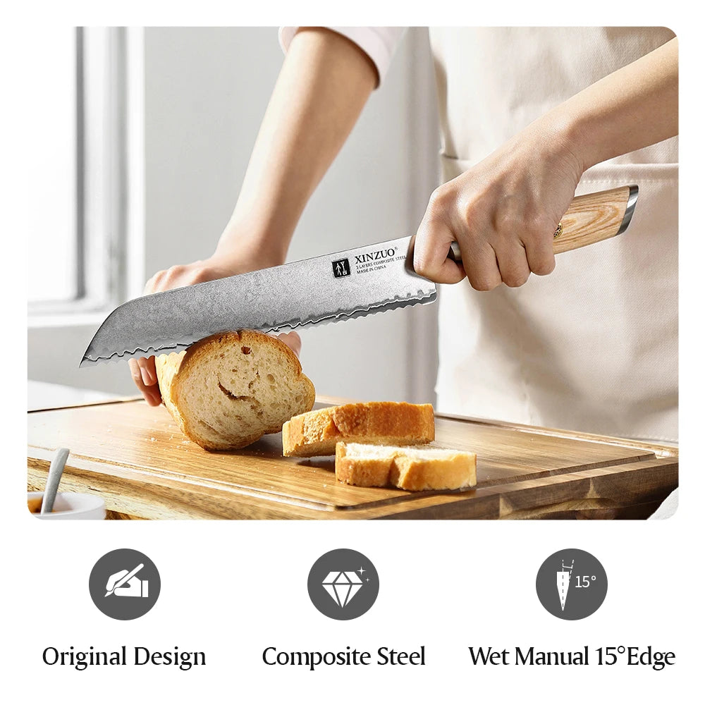 XINZUO 8.5" Bread Knife – 3-Layer Steel & Pakkawood Handle Bread Knife Axl