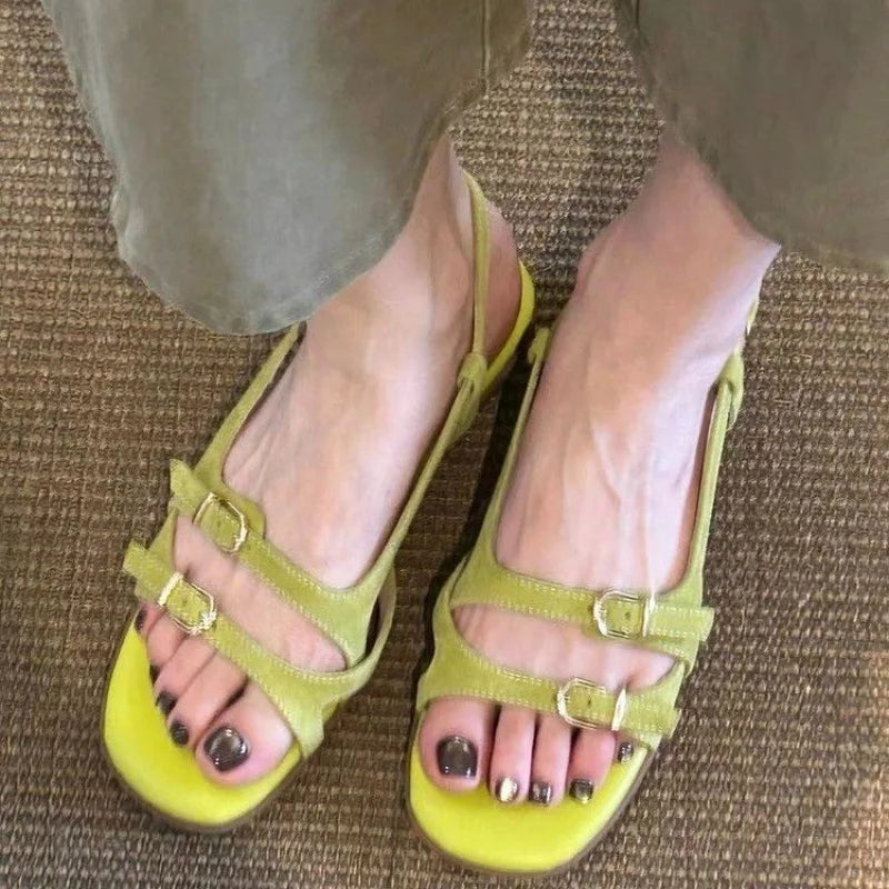 Women's Retro Square Toe Buckle Sandals – Roman Beach Flats Women's Flat Sandals Axl