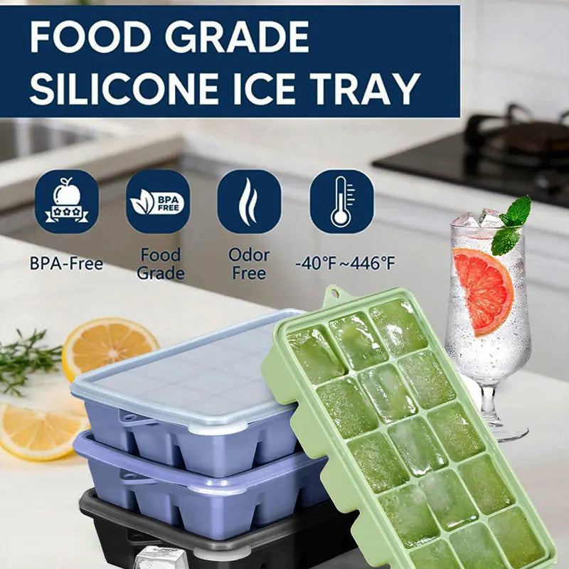 3-Pack Silicone Ice Cube Trays with Lids – 15 Grid Freezer Molds Silicone Ice Tray Axl