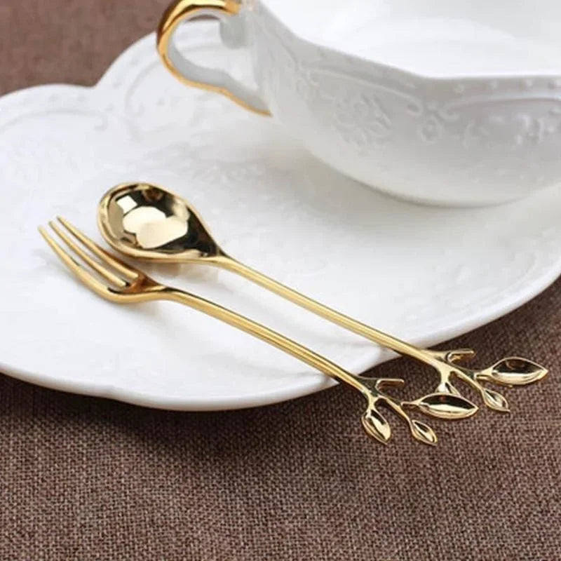Leaf-Shaped Zinc Alloy Dessert Fork & Spoon | 12cm Cutlery Decorative Dessert Cutlery Axl