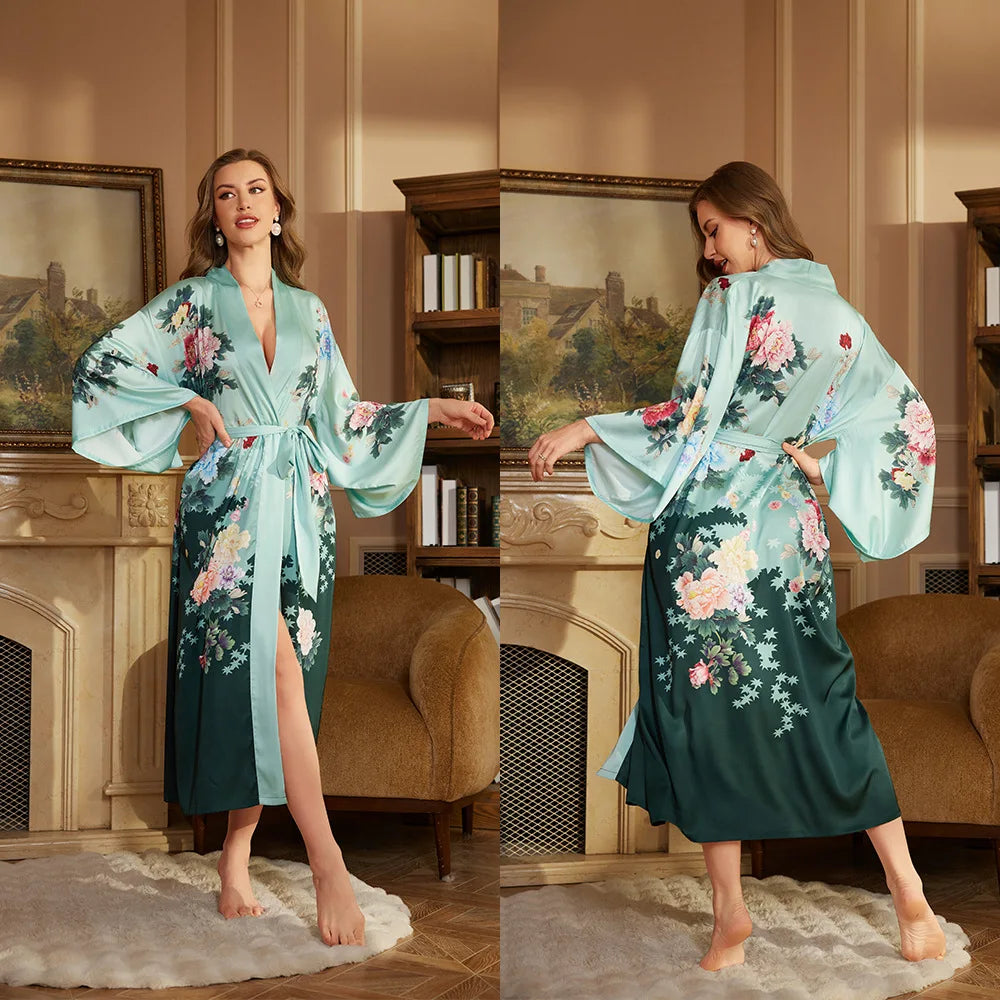 Women's Satin Floral Robe – Long Sleeve Lace-Up Bathrobe Satin Bathrobe Axl 3383-2 One Size