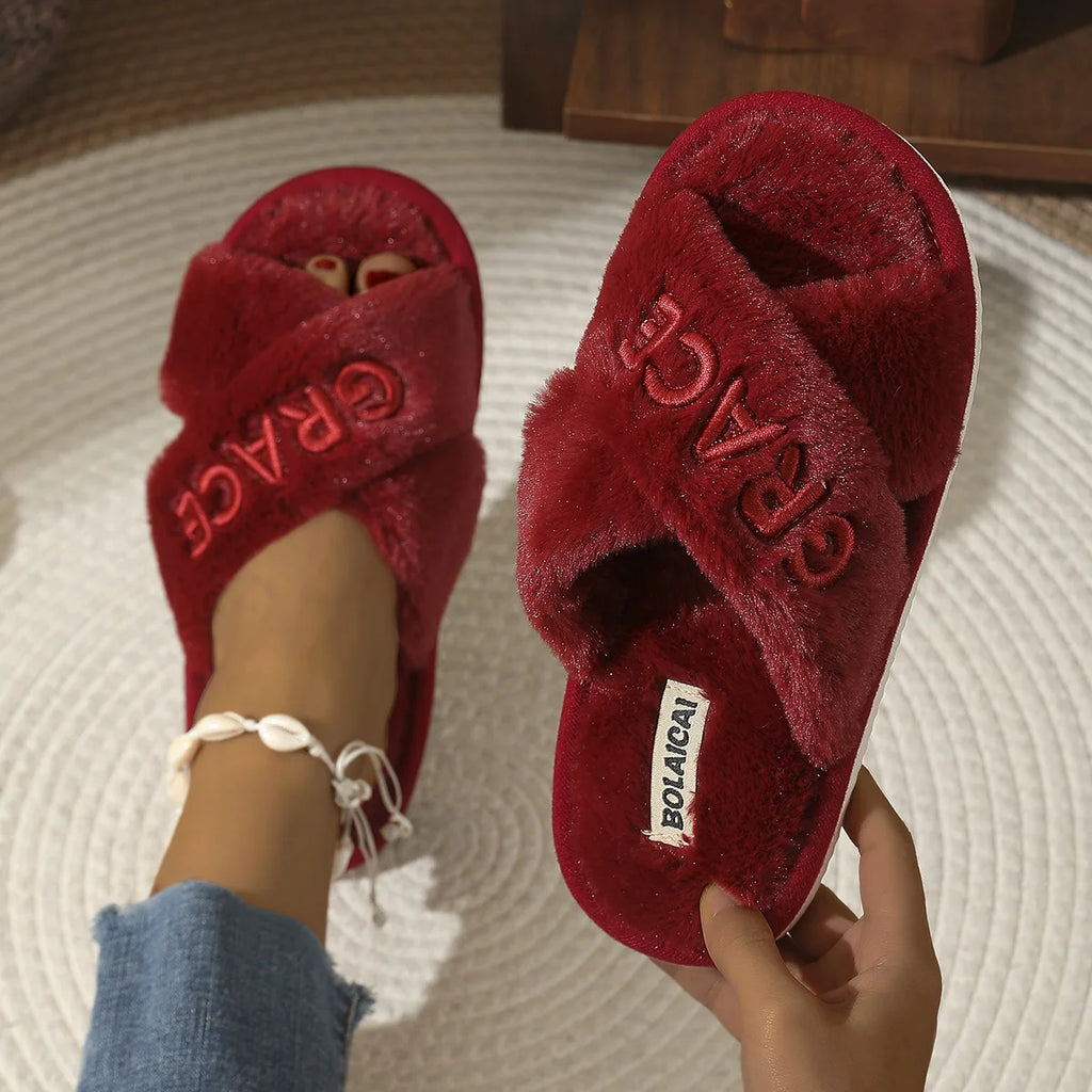 Women's Faux Fur Fluffy Slides – Custom Name Letter Slippers Faux Fur Slides Axl wine red 40-41