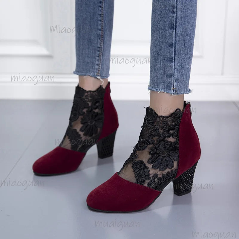Women's Lace Heeled Gladiator Sandals | Square Heel Booties Heeled Gladiator Sandals Axl