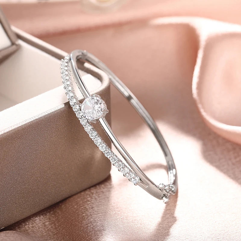Huitan Cubic Zirconia Bangle Bracelet – Silver & Gold Women Bangle Bracelet Axl