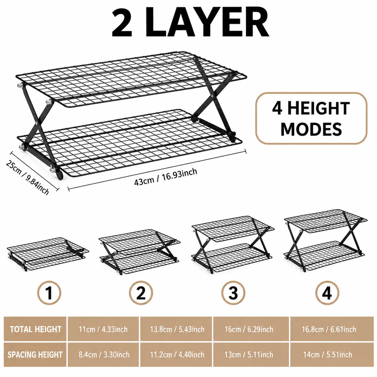 Foldable 2/3/4 Tier Cooling Rack – Stackable Wire Grid Baking Stand Baking Cooling Rack Axl 2 LAYER