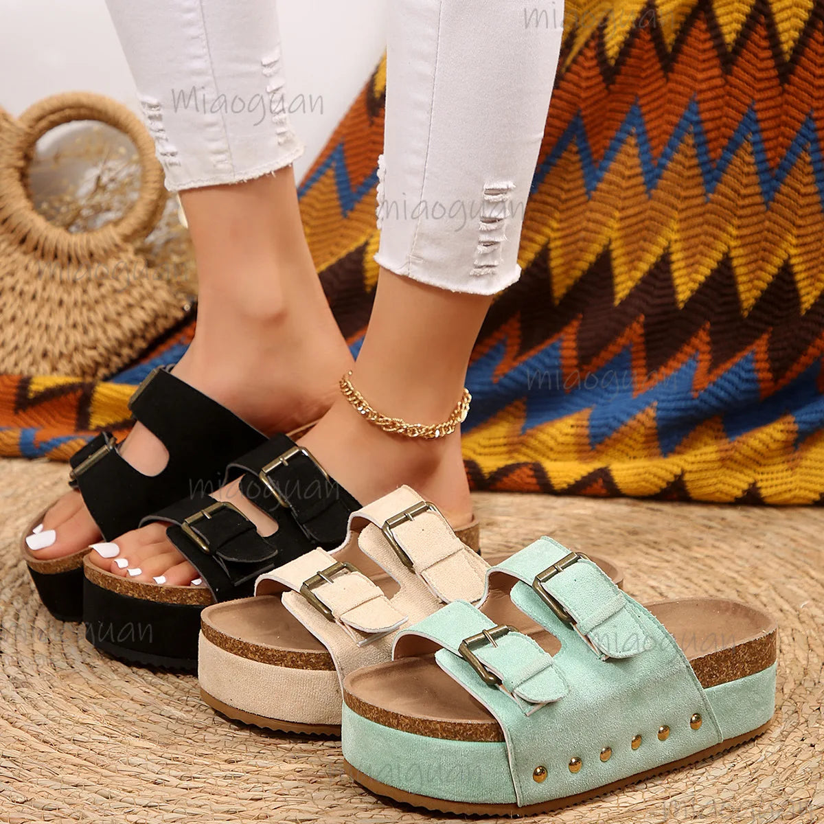 Women's Bohemian Platform Slide Sandals – Open Toe Summer Platform Slide Sandals Axl