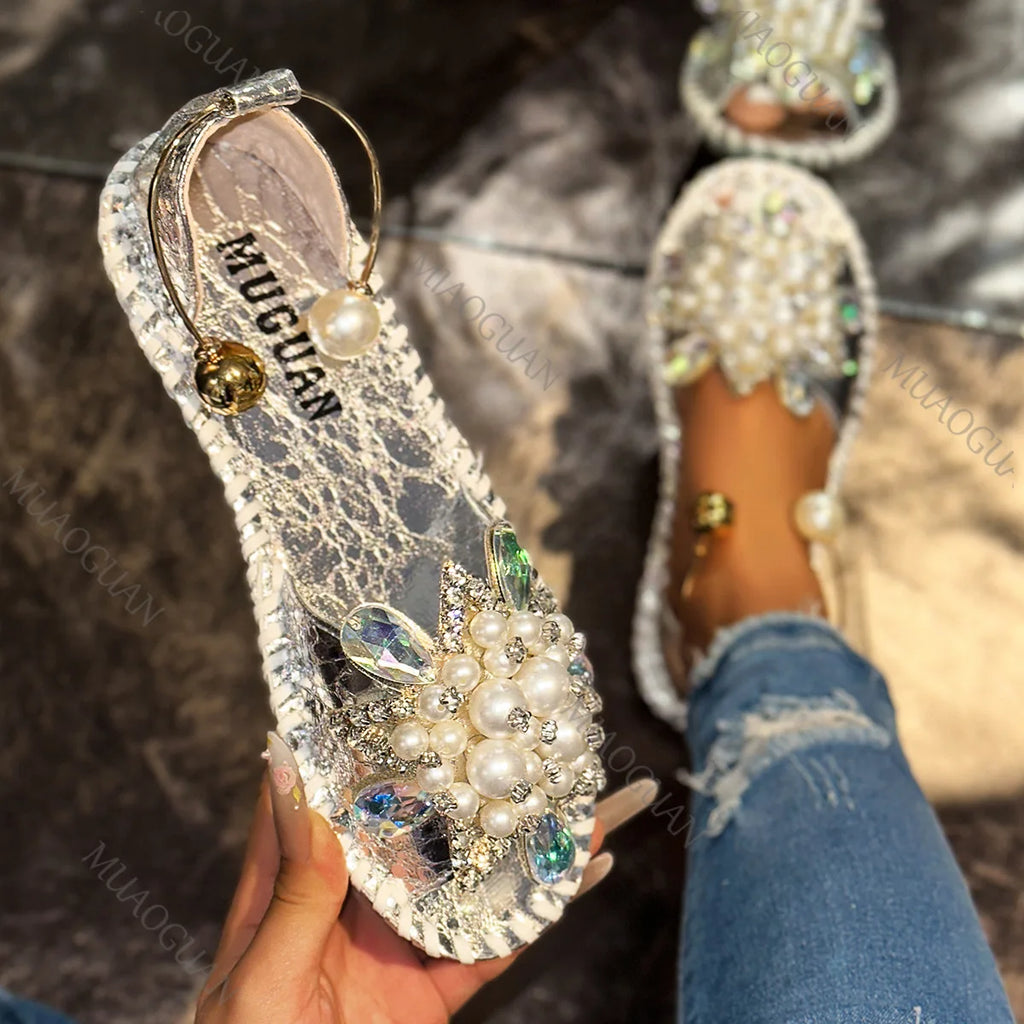 Women's Pearl Crystal Flower Flat Sandals – Bling Summer Slippers Flat Sandals Axl