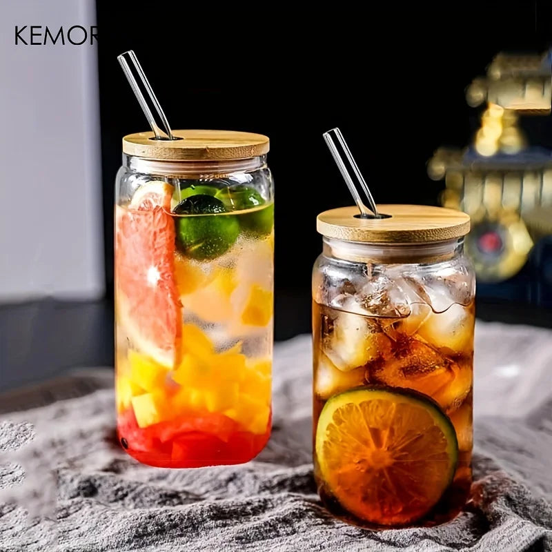KEMORELA Glass Bubble Tea Cups with Lid & Straw – 1 or 4 Pack Glass Cup Set Axl