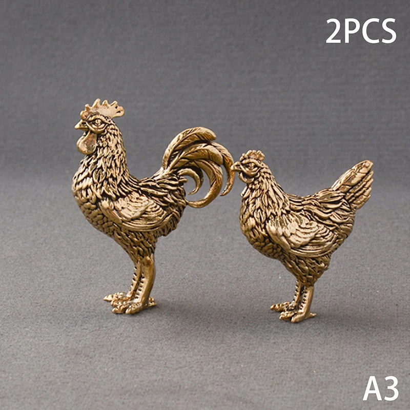 Solid Brass Rooster & Hen Mini Statue – Copper Desk Ornament Miniature Figurine Axl A3