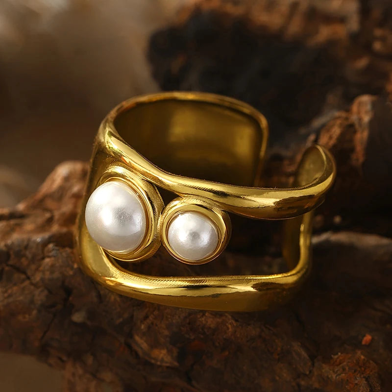Huitan Gold Double Layer Imitation Pearl Statement Ring for Women Fashion Statement Ring Axl