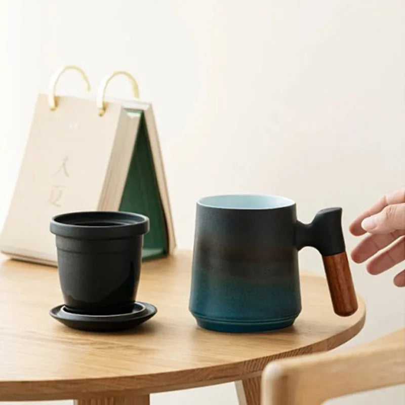 Ceramic Bubble Tea Mug with Lid & Wood Handle – 400ml Ceramic Tea Mug Axl
