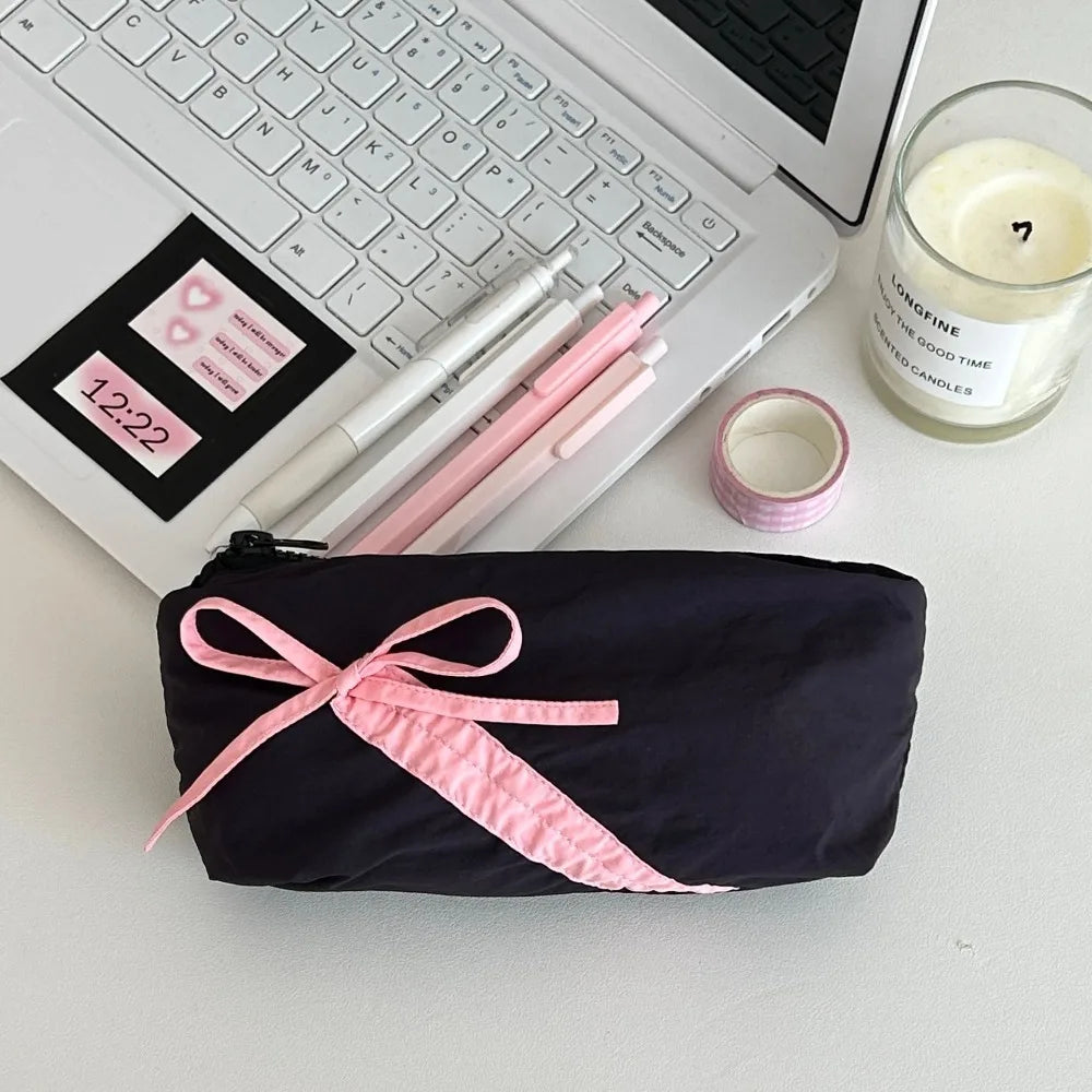 Large Capacity Bowknot Pencil Case – Cute Bow Zipper Pouch Pencil Case Axl Black