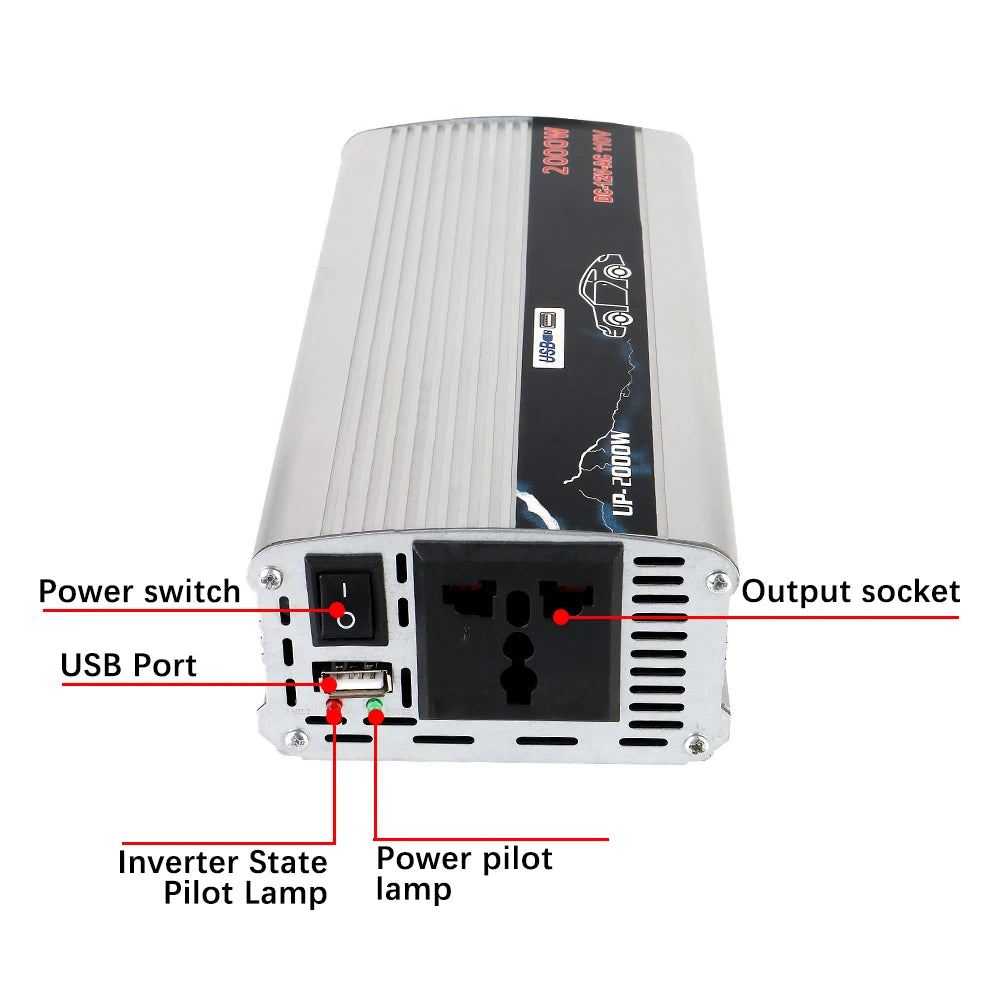 2000W Car Power Inverter 12V to 220V Pure Sine Wave + USB Car Power Inverter Axl