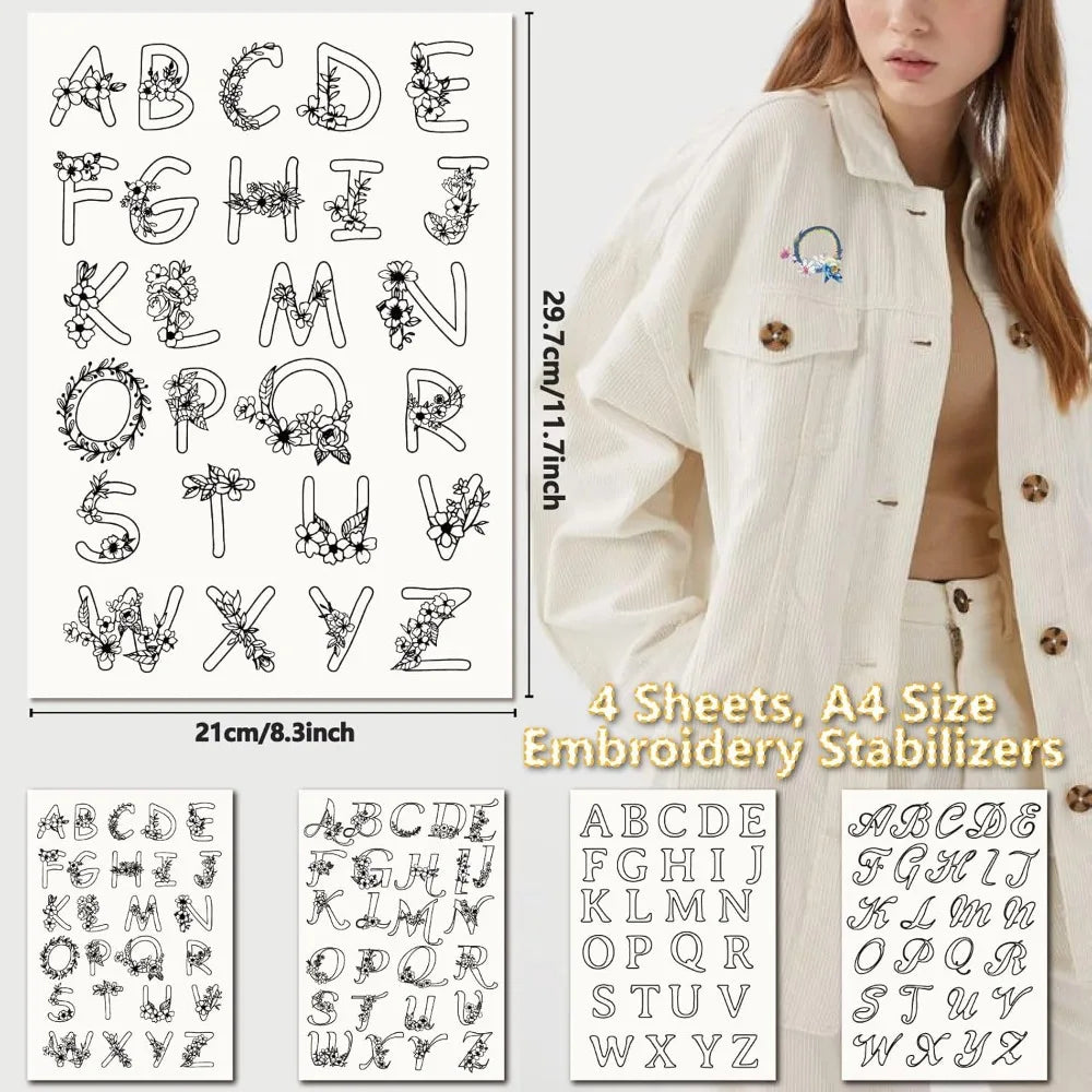 A–Z Stick & Stitch Embroidery Patterns – 4 Sheets 104 Pcs Embroidery Transfer Sheets Axl