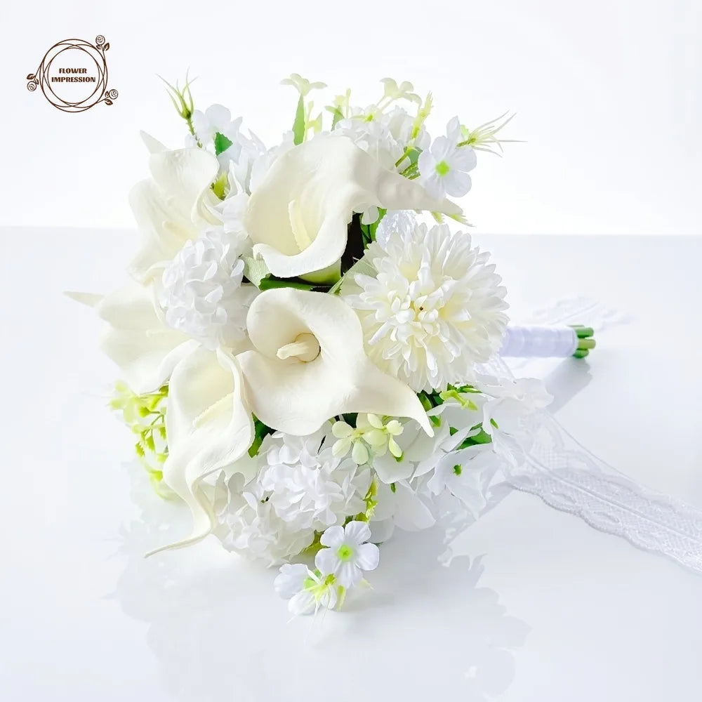 White Calla Lily Hydrangea Bridal Bouquet | Lace Ribbon Artificial Bridal Bouquet Axl