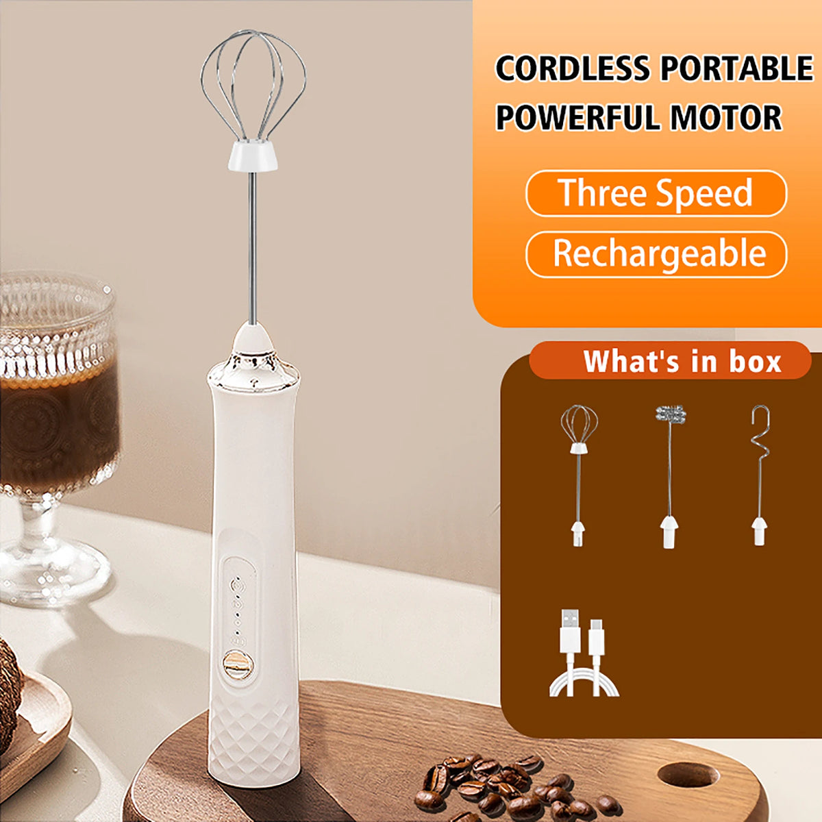 Rechargeable Handheld Electric Milk Frother – 12000 RPM Electric Milk Frother Axl White 3 Whisk