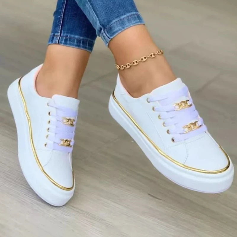Women's Chain Platform Sneakers – Lace-Up Leather Walking Shoes Platform Sneakers Axl