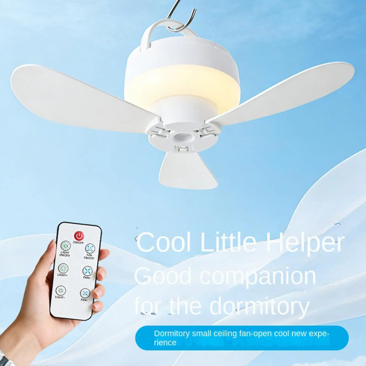 Portable USB Ceiling Fan with Remote, Light & Hook – Camping Portable Ceiling Fan Axl