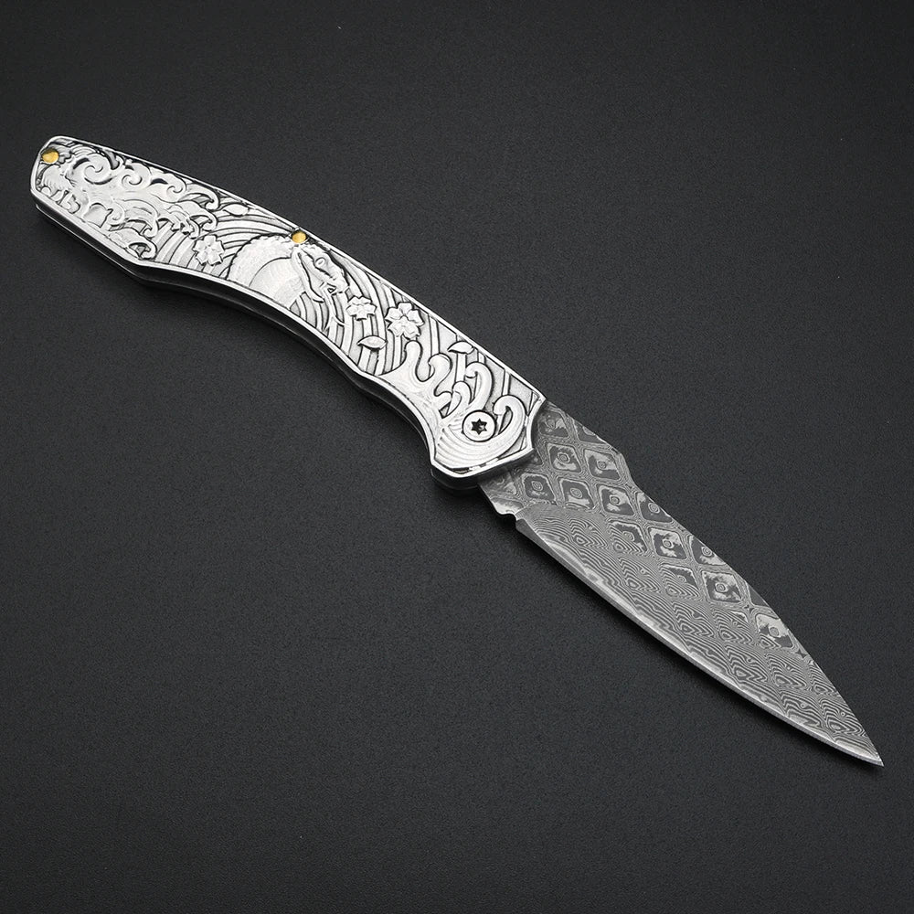 XUAN FENG Damascus Steel Folding Knife – 58-61 HRC Pocket EDC Folding Pocket Knife Axl
