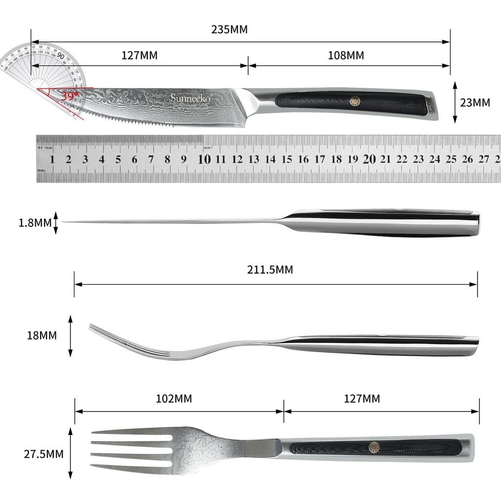 Sunnecko 6-Pc Damascus Steel Steak Knife & Fork Set | VG10 Steak Knife Set Axl
