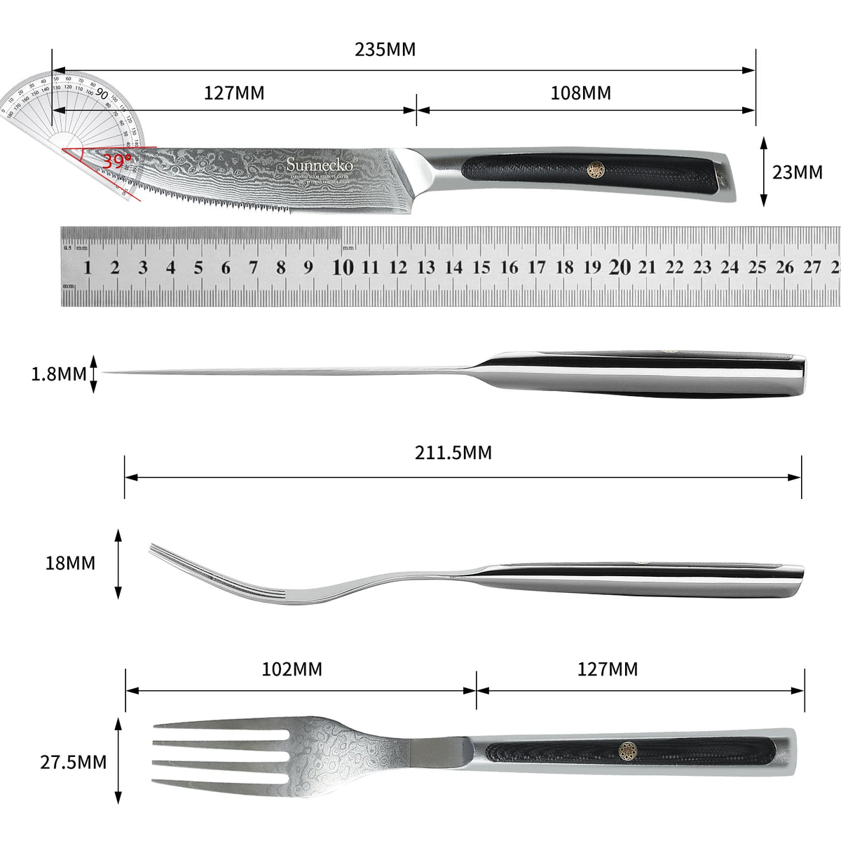 Sunnecko 6-Pc Damascus Steel Steak Knife & Fork Set | VG10 Steak Knife Set Axl