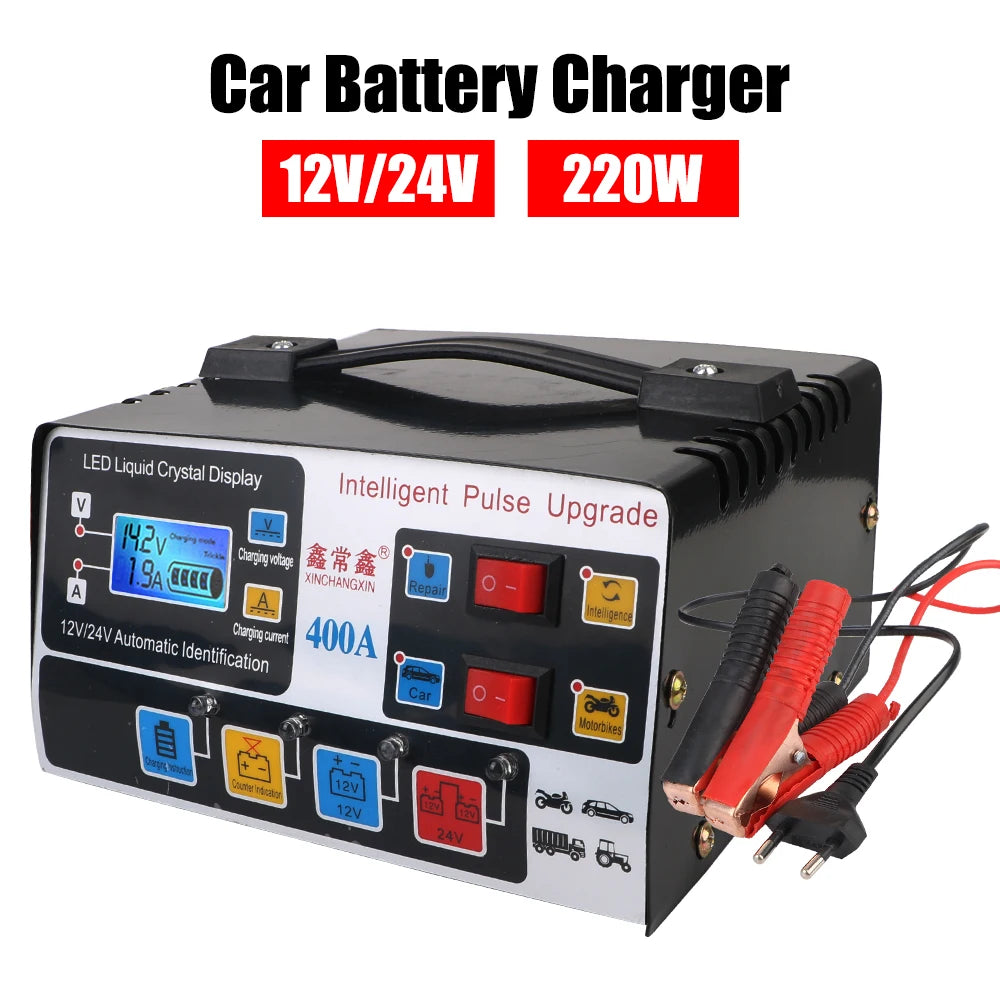 220W Smart Car Battery Charger LCD 12V/24V Pulse Repair EU Plug Car Battery Charger Axl