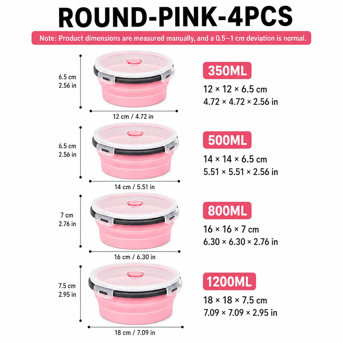 Uwhise 4-Pack Collapsible Silicone Food Containers | Leakproof Silicone Food Containers Axl Round-Pink-4Pcs