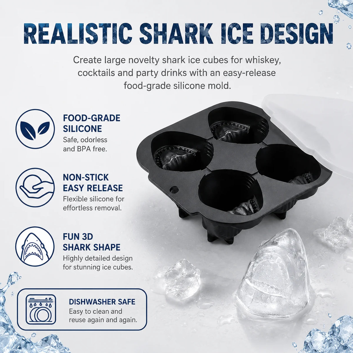 3D Shark Silicone Ice Cube Mold – Large Slow-Melt Ice Maker Ice Cube Mold Axl