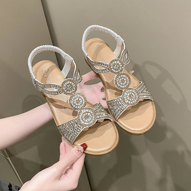 Women's Rhinestone Flat Sandals – Elastic Strap Beach Summer Shoes Flat Sandals Axl