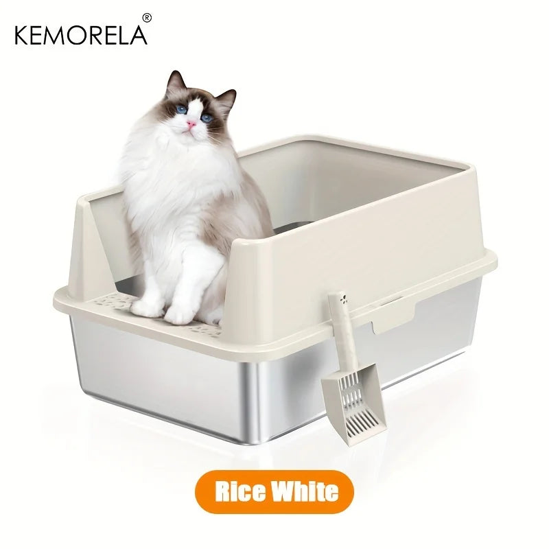 KEMORELA XL Stainless Steel Cat Litter Box with Lid & Scoop Cat Litter Box Axl Rice White