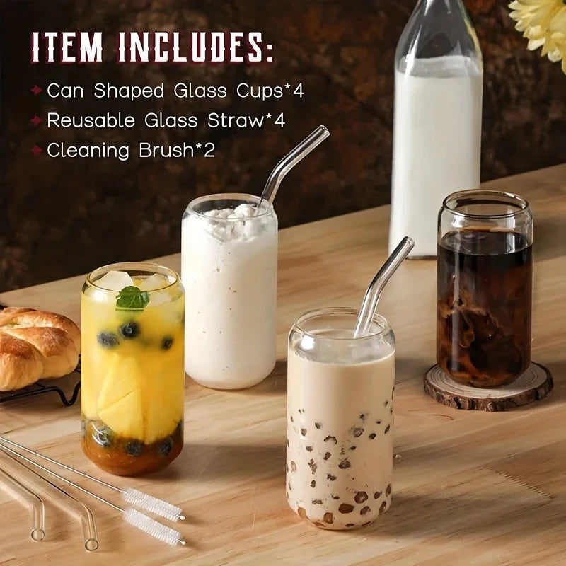 KEMORELA 4-Piece Glass Beer Cups Set with Straws & Cleaner Glass Drinkware Set Axl