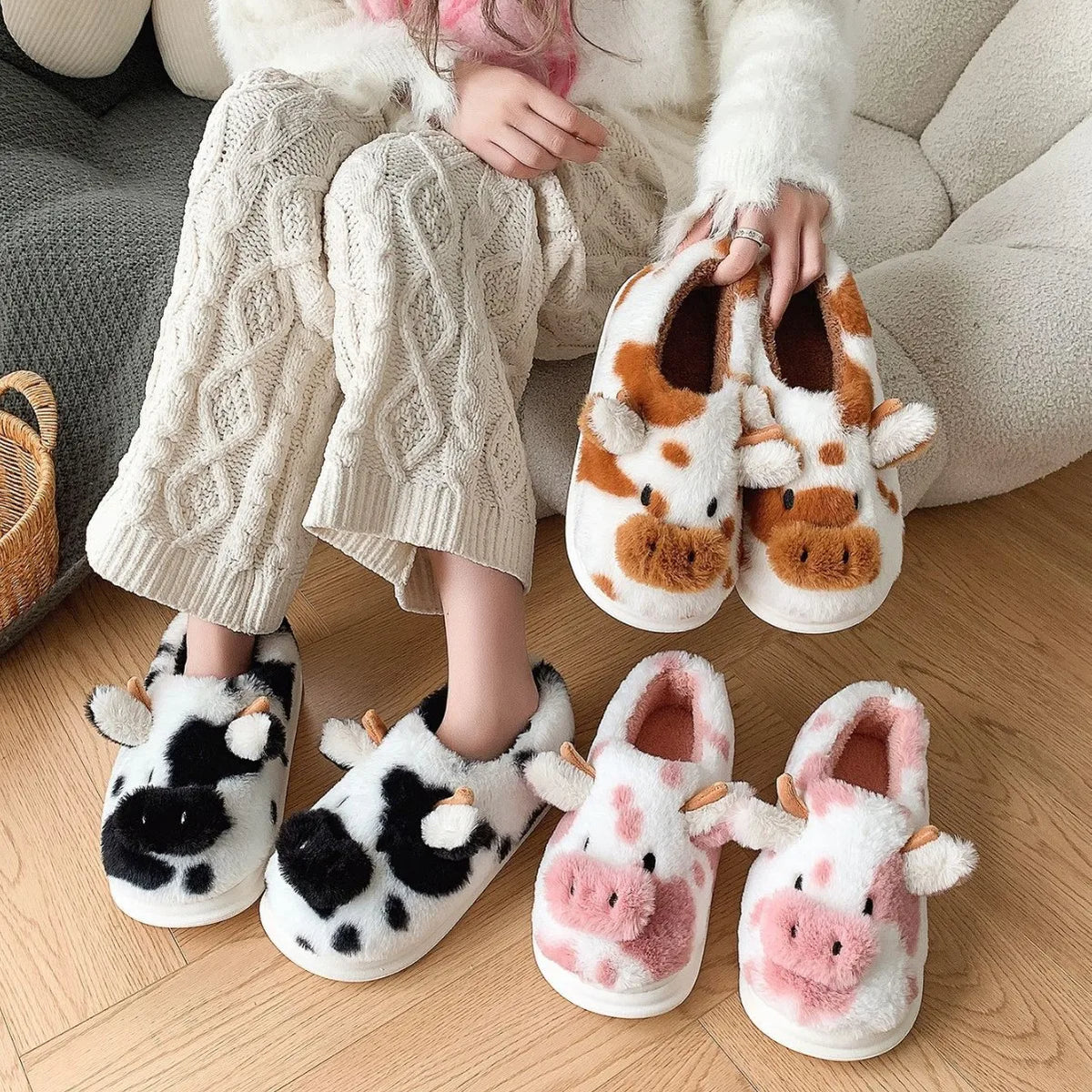 Fluffy Cow Animal Slippers – Unisex Plush Home Shoes Plush Animal Slippers Axl