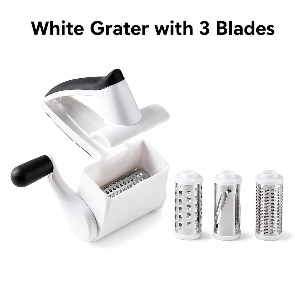 Handheld Rotary Cheese Grater – 3 Drum Vegetable Slicer Rotary Cheese Grater Axl Grater with 3 Blades