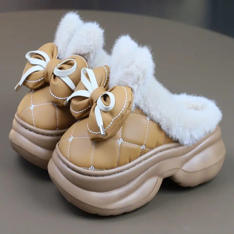 Lorilury Women's Fluffy High Heel Slippers – Bow-Tie Plush Indoor Plush Indoor Slippers Axl Brown slipper 36-37