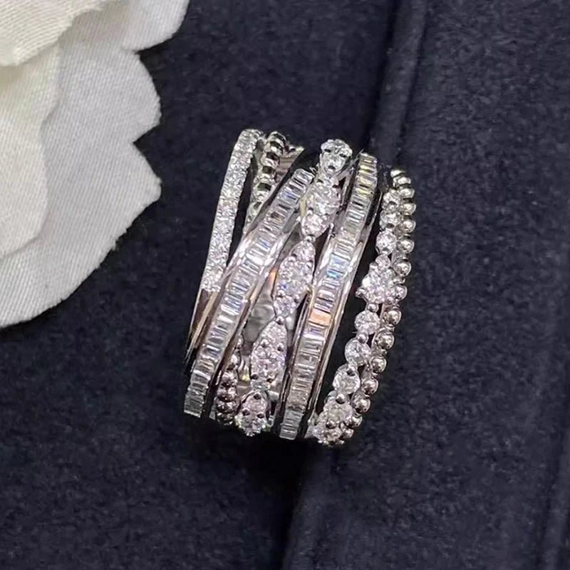 Huitan Wide Cocktail Ring – Multi-Layer CZ Pave Women's Ring Cocktail Ring Axl