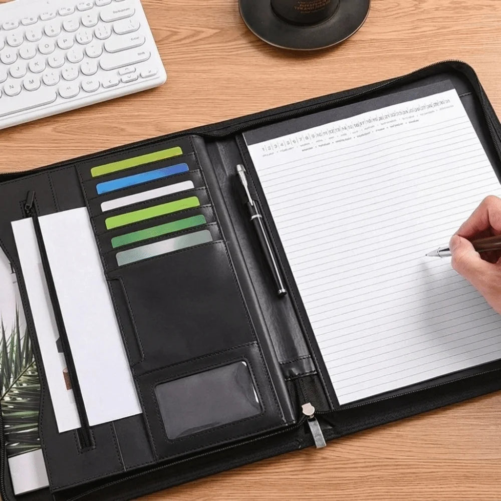 A4 PU Leather Padfolio – Waterproof Zipper Document Organizer Leather Padfolio Axl