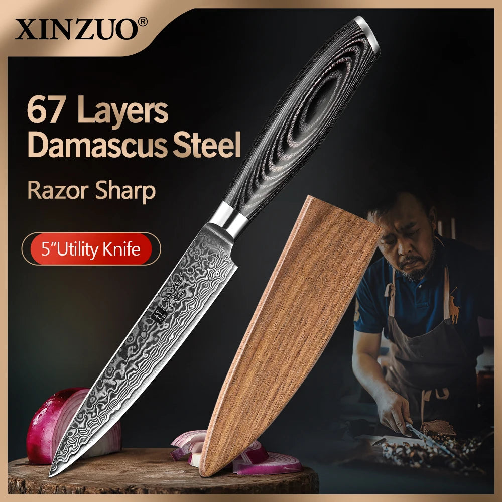 XINZUO 5" Damascus Utility Knife – 67-Layer Pakkawood Handle Damascus Utility Knife Axl